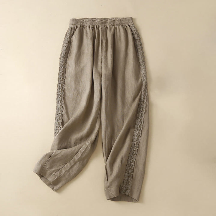 Buddha Stones Unifarbene, seitlich mit Blumenstickerei verzierte Leinenhose für Damen mit Taschen