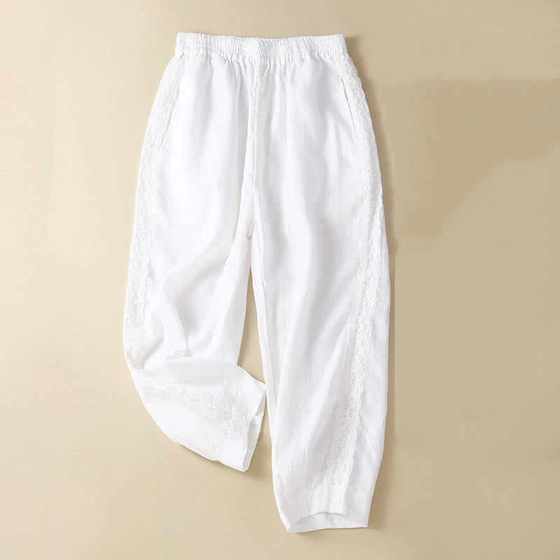 Buddha Stones Unifarbene, seitlich mit Blumenstickerei verzierte Leinenhose für Damen mit Taschen