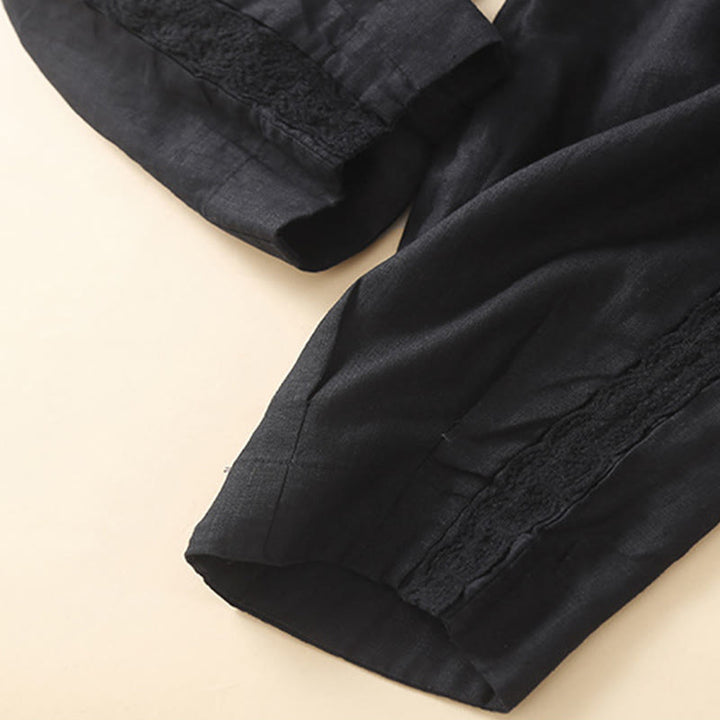 Buddha Stones Unifarbene, seitlich mit Blumenstickerei verzierte Leinenhose für Damen mit Taschen