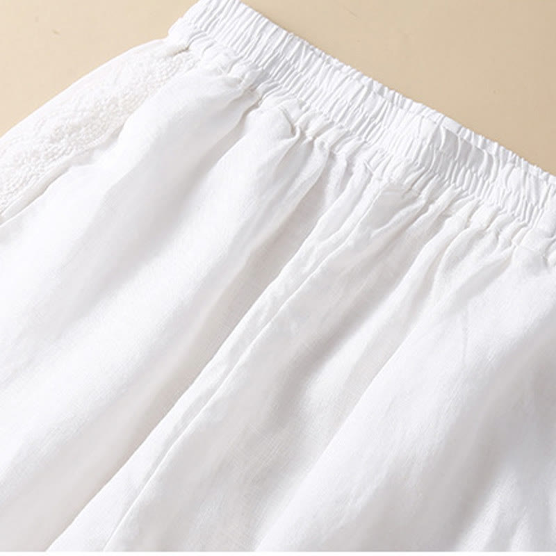 Buddha Stones Unifarbene, seitlich mit Blumenstickerei verzierte Leinenhose für Damen mit Taschen