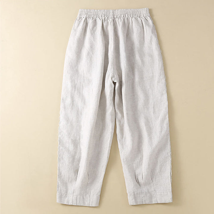 Buddha Stones Unifarbene, seitlich mit Blumenstickerei verzierte Leinenhose für Damen mit Taschen