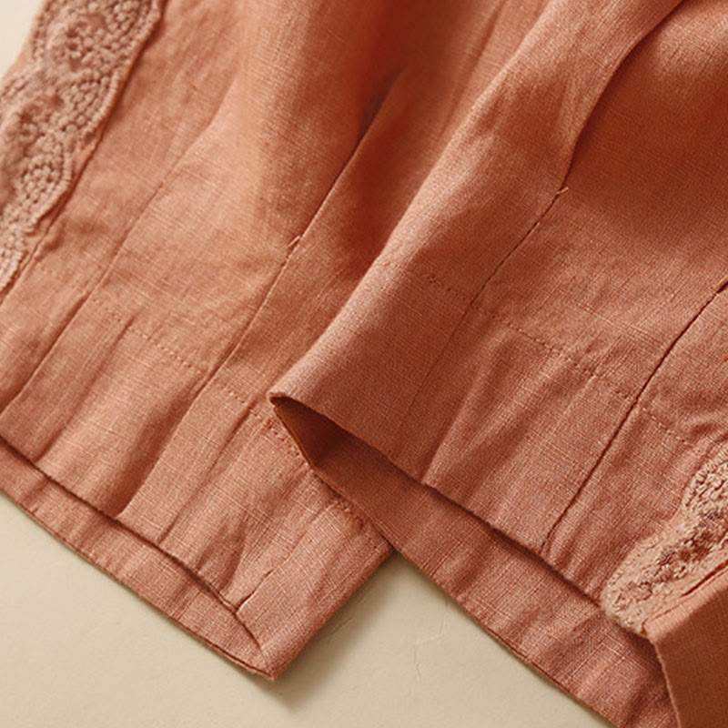 Buddha Stones Unifarbene, seitlich mit Blumenstickerei verzierte Leinenhose für Damen mit Taschen