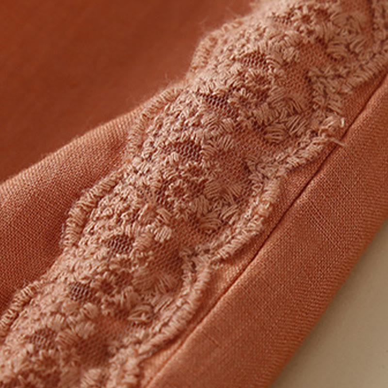 Buddha Stones Unifarbene, seitlich mit Blumenstickerei verzierte Leinenhose für Damen mit Taschen