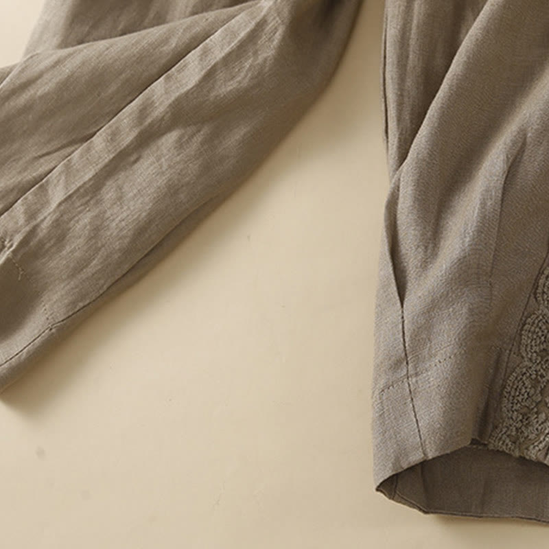 Buddha Stones Unifarbene, seitlich mit Blumenstickerei verzierte Leinenhose für Damen mit Taschen