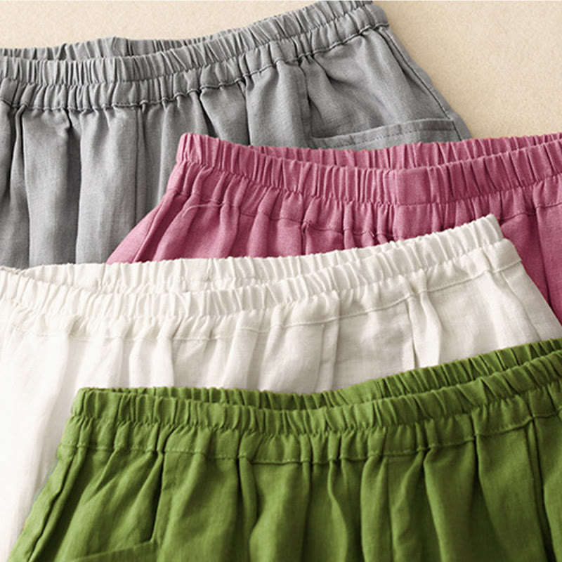 Buddha Stones Lässige, schlichte, einfarbige Leinenhose für Damen mit Taschen - image 2