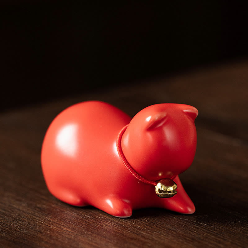 Buddha Stones Mini süße stehend liegend Katze Tee Haustier Keramik Home Schreibtisch Figur Dekoration - Liegende Katze 5*3*3cm - Rot - image 24