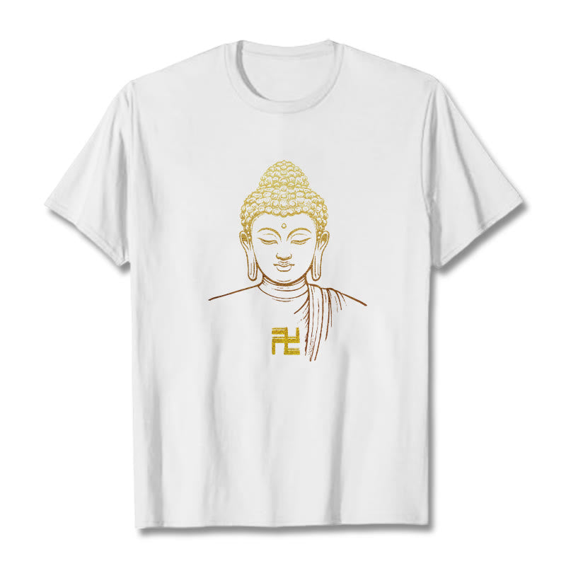 Buddha Stones Hakenkreuz Muster Golden Buddha Baumwolle T-shirt - Weiß - 2XL - image 1