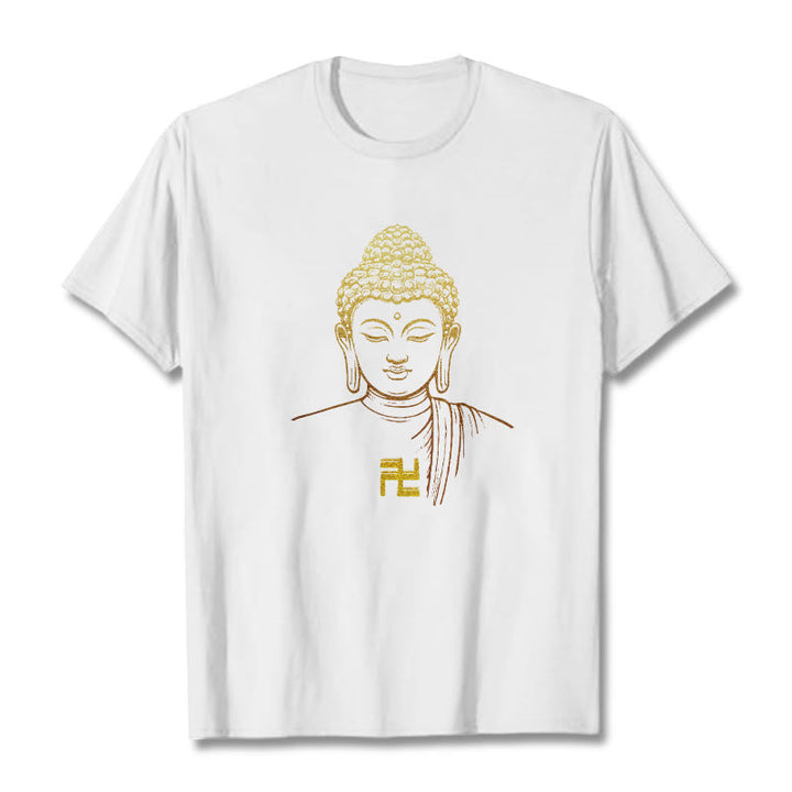 Buddha Stones Hakenkreuz Muster Golden Buddha Baumwolle T-shirt - Weiß - 2XL - image 1