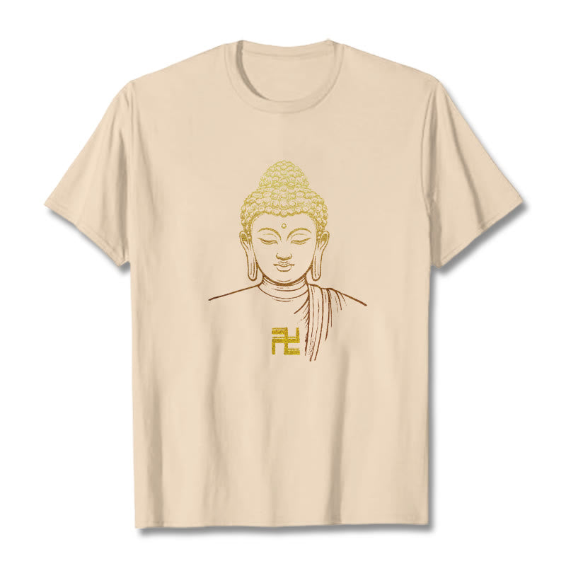 Buddha Stones Hakenkreuz Muster Golden Buddha Baumwolle T-shirt - Bisque - 2XL - image 11