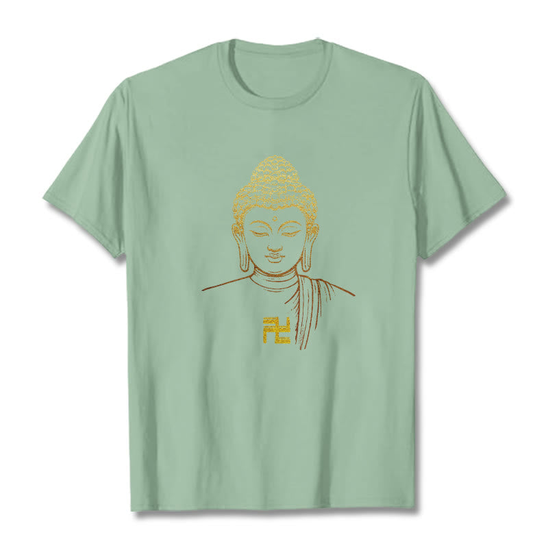 Buddha Stones Hakenkreuz Muster Golden Buddha Baumwolle T-shirt - Blassgrün - 2XL - image 13