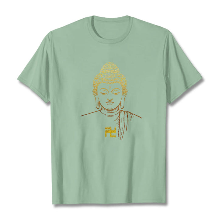 Buddha Stones Hakenkreuz Muster Golden Buddha Baumwolle T-shirt - Blassgrün - 2XL - image 13