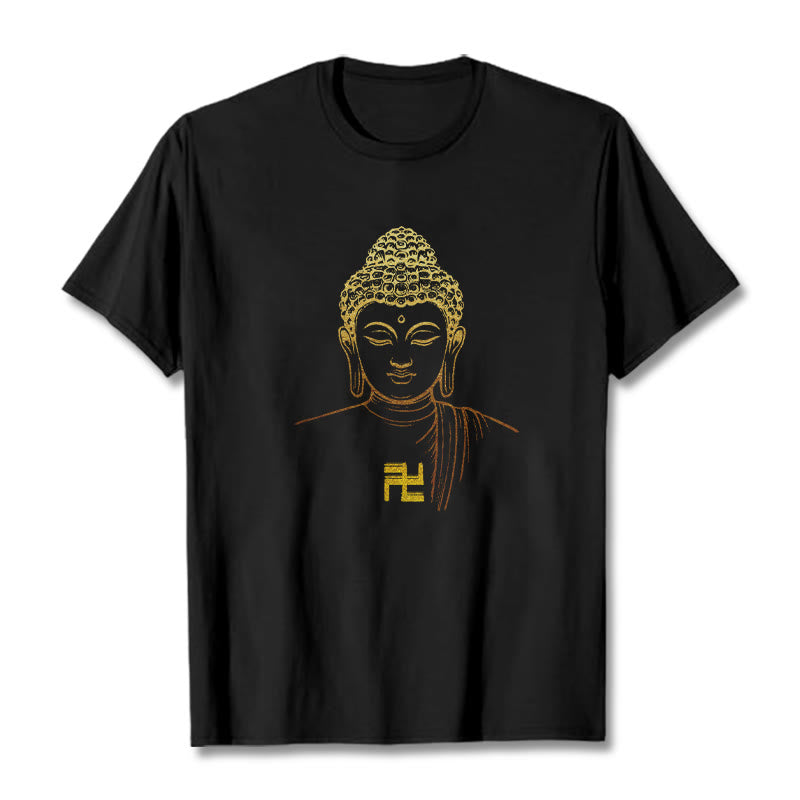 Buddha Stones Hakenkreuz Muster Golden Buddha Baumwolle T-shirt - Schwarz - 2XL - image 5