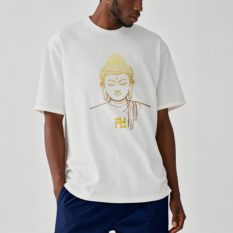 Buddha Stones Hakenkreuz Muster Golden Buddha Baumwolle T-shirt - image 3