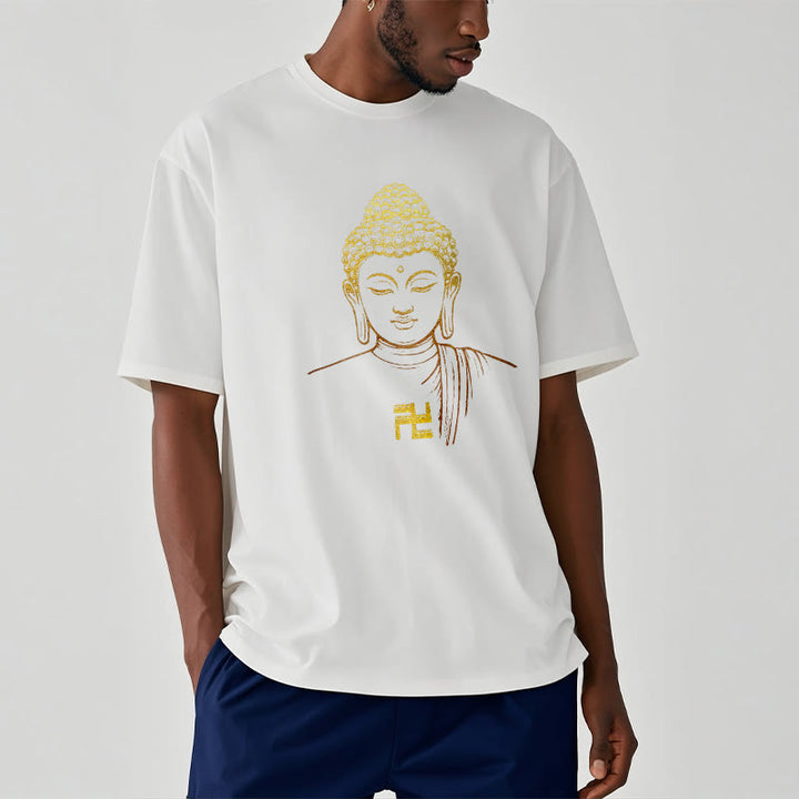 Buddha Stones Hakenkreuz Muster Golden Buddha Baumwolle T-shirt - image 3