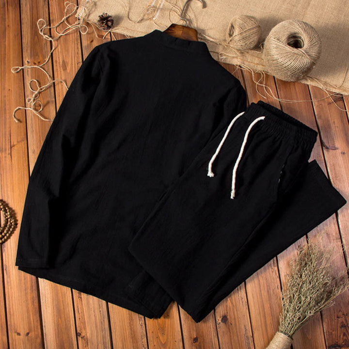 Buddha Stones Reine Farbe Baumwolle Leinen Langarm Top Hosen Kleidung Herren Set - image 11