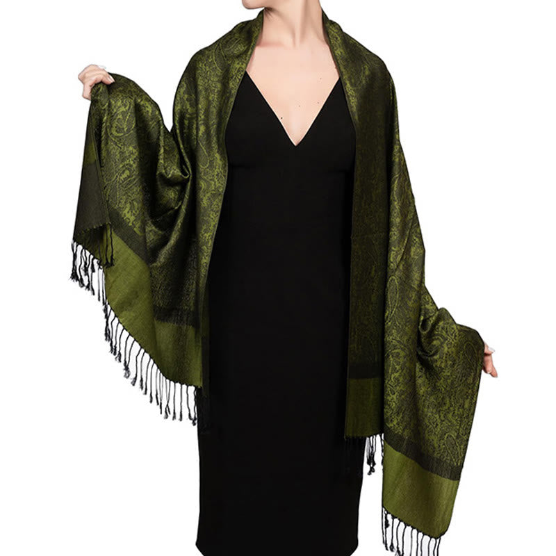 Buddha Stones, tibetischer Cashew-Jacquard-Schal mit Quasten, Frühling, Herbst, Winter, warm, gemütlich, Schal, Wickeltuch - Olivgrün 180*70cm - image 23