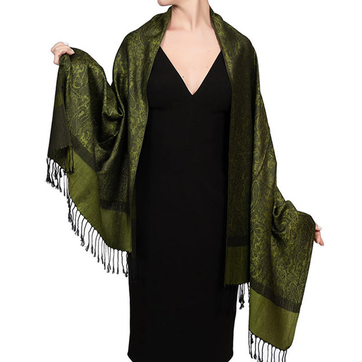 Buddha Stones, tibetischer Cashew-Jacquard-Schal mit Quasten, Frühling, Herbst, Winter, warm, gemütlich, Schal, Wickeltuch - Olivgrün 180*70cm - image 23
