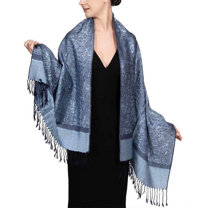 Buddha Stones, tibetischer Cashew-Jacquard-Schal mit Quasten, Frühling, Herbst, Winter, warm, gemütlich, Schal, Wickeltuch - Kornblumenblau 180*70cm - image 10