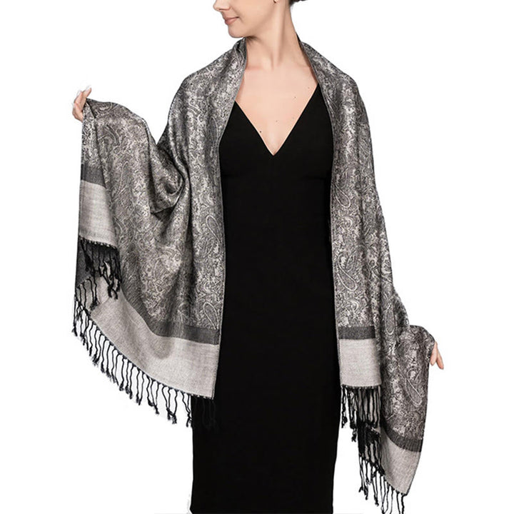 Buddha Stones, tibetischer Cashew-Jacquard-Schal mit Quasten, Frühling, Herbst, Winter, warm, gemütlich, Schal, Wickeltuch - Silber 180*70cm - image 21