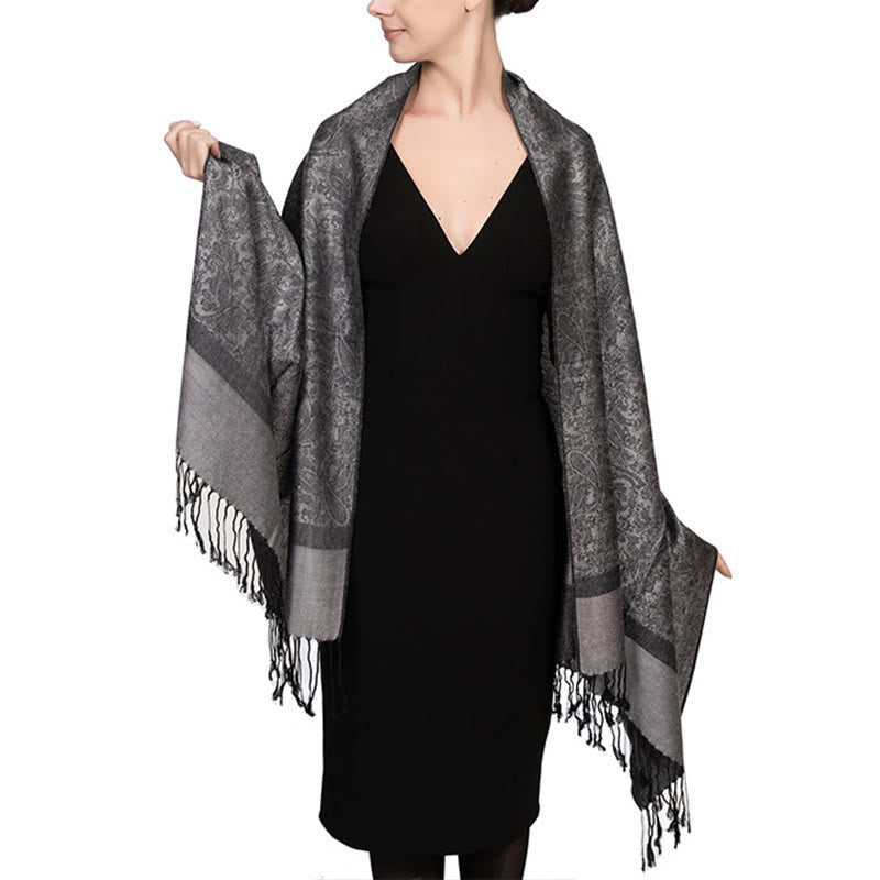 Buddha Stones, tibetischer Cashew-Jacquard-Schal mit Quasten, Frühling, Herbst, Winter, warm, gemütlich, Schal, Wickeltuch - Grau 180*70cm - image 39