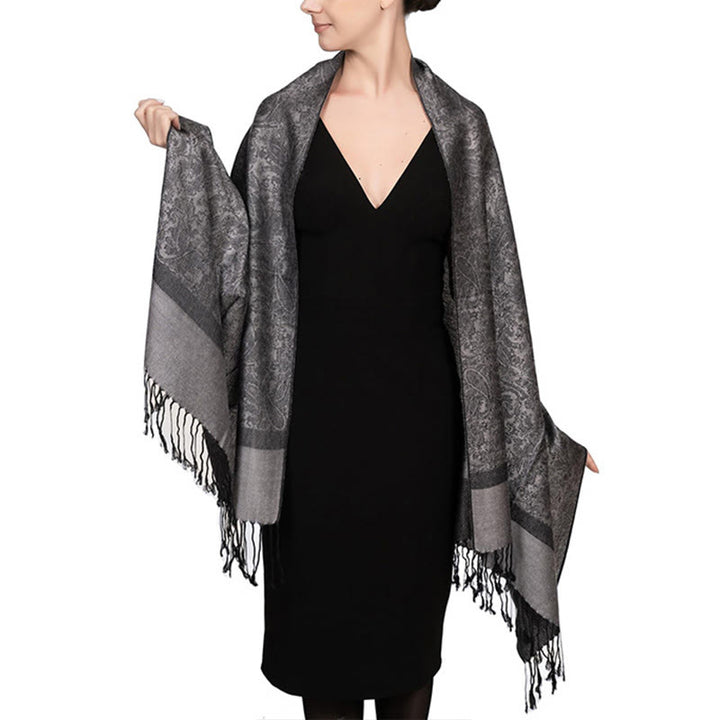Buddha Stones, tibetischer Cashew-Jacquard-Schal mit Quasten, Frühling, Herbst, Winter, warm, gemütlich, Schal, Wickeltuch - Grau 180*70cm - image 39