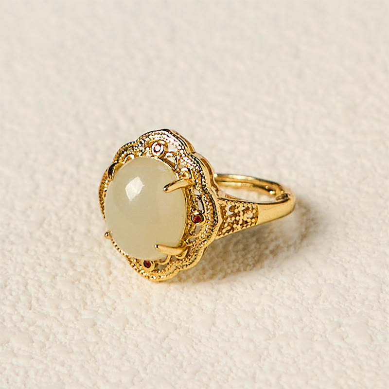 Buddha Stones Natürlicher Hetian Jade Vintage Ei Kupfer Offener Glücksring