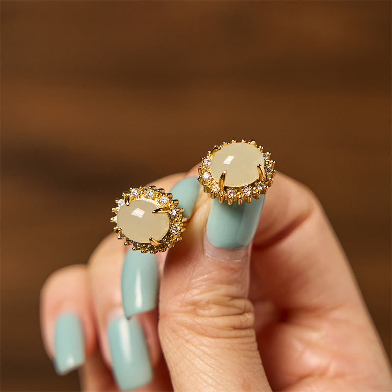 Buddha Stones Natürliche Hetian Jade Ei Kupfer Wohlstand Ohrringe