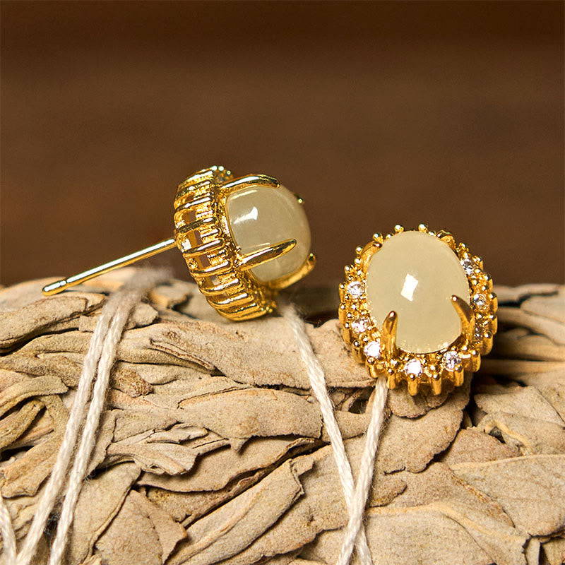 Buddha Stones Natürliche Hetian Jade Ei Kupfer Wohlstand Ohrringe