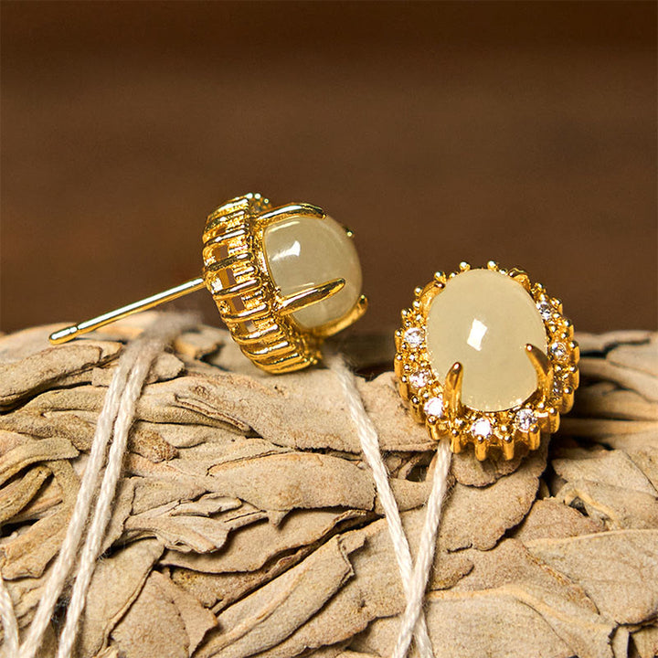 Buddha Stones Natürliche Hetian Jade Ei Kupfer Wohlstand Ohrringe