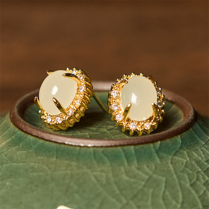 Buddha Stones Natürliche Hetian Jade Ei Kupfer Wohlstand Ohrringe