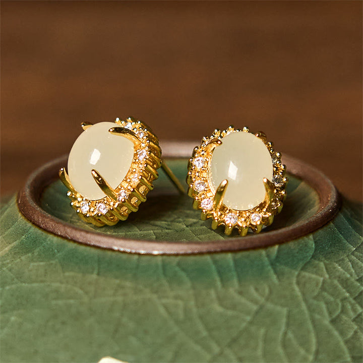 Buddha Stones Natürliche Hetian Jade Ei Kupfer Wohlstand Ohrringe