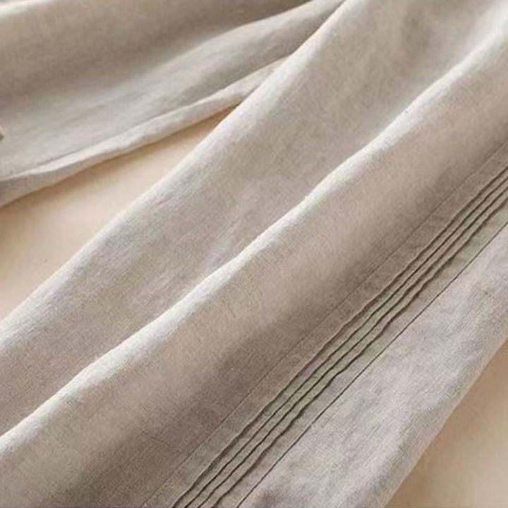 Buddha Stones Lässige, einfarbige, seitliche Faltenhose aus Baumwollleinen für Damen mit weitem Bein und Taschen