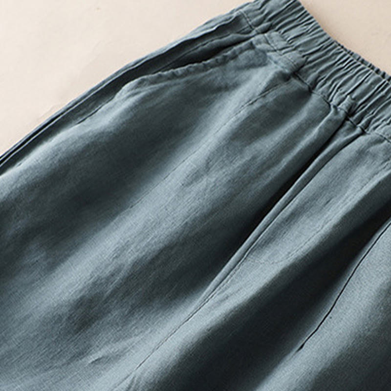 Buddha Stones Lässige, einfarbige, seitliche Faltenhose aus Baumwollleinen für Damen mit weitem Bein und Taschen