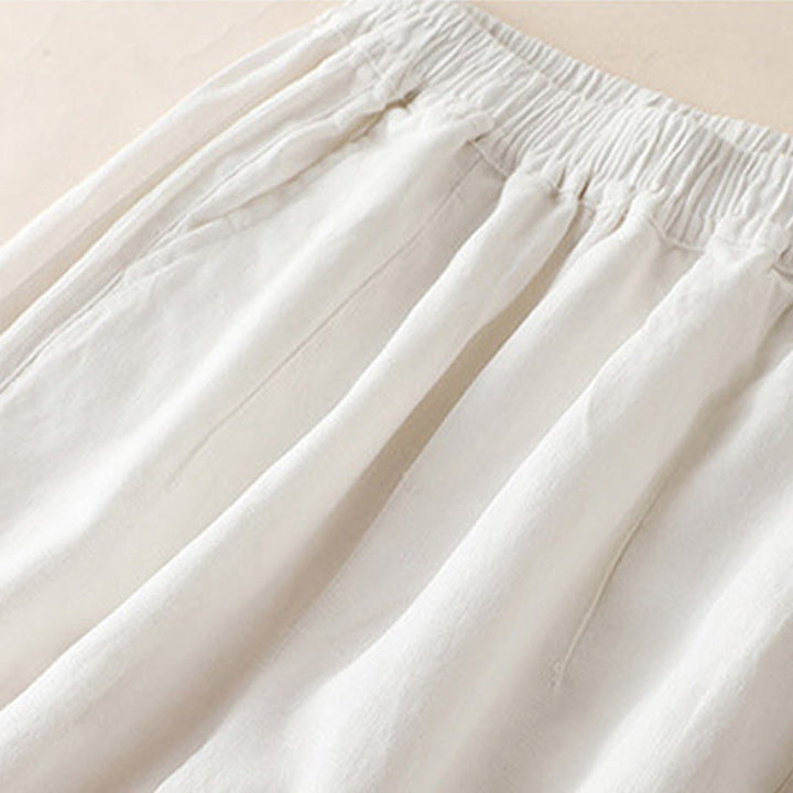 Buddha Stones Lässige, einfarbige, seitliche Faltenhose aus Baumwollleinen für Damen mit weitem Bein und Taschen