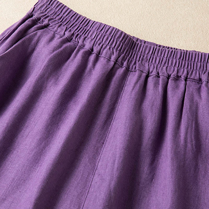 Buddha Stones Lässige, einfarbige Hose aus Baumwollleinen mit weitem Bein und Taschen für Damen - image 11