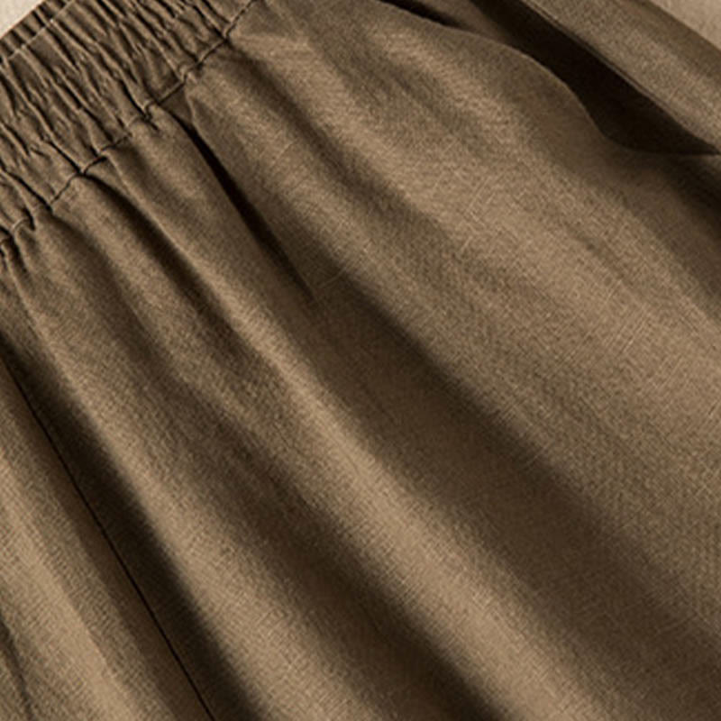 Buddha Stones Lässige, einfarbige Hose aus Baumwollleinen mit weitem Bein und Taschen für Damen - image 4