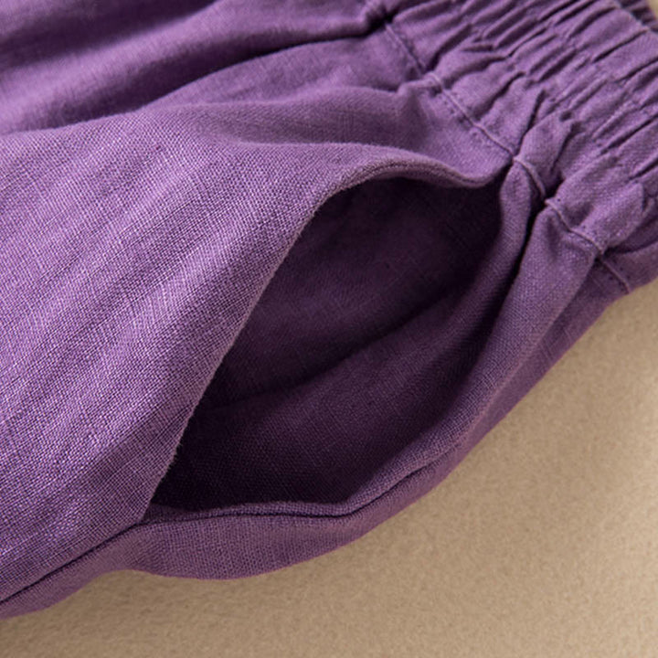 Buddha Stones Lässige, einfarbige Hose aus Baumwollleinen mit weitem Bein und Taschen für Damen - image 14