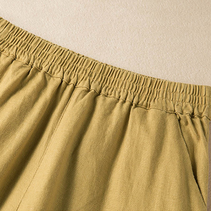 Buddha Stones Lässige, einfarbige Hose aus Baumwollleinen mit weitem Bein und Taschen für Damen - image 30