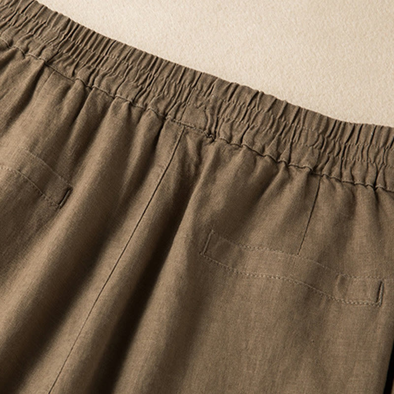 Buddha Stones Lässige, einfarbige Hose aus Baumwollleinen mit weitem Bein und Taschen für Damen - image 3