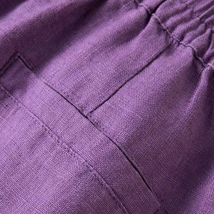 Buddha Stones Lässige, einfarbige Hose aus Baumwollleinen mit weitem Bein und Taschen für Damen - image 12