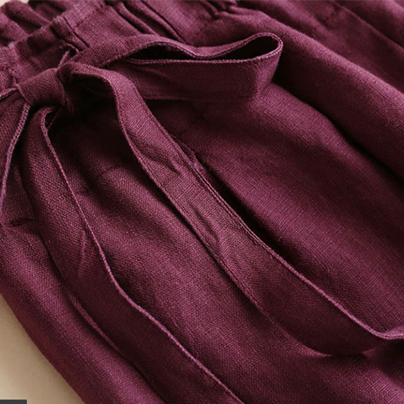 Buddha Stones Lässige, einfarbige, weit geschnittene Hose aus Baumwollleinen mit Schnürung für Damen - image 15