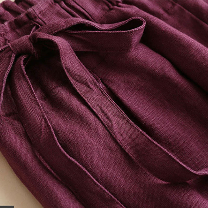 Buddha Stones Lässige, einfarbige, weit geschnittene Hose aus Baumwollleinen mit Schnürung für Damen - image 15