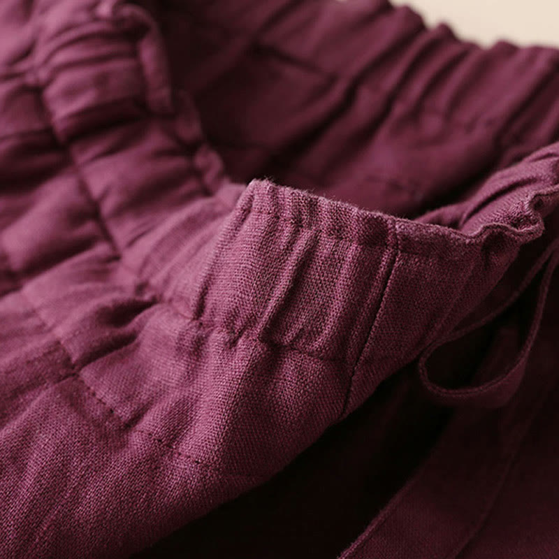 Buddha Stones Lässige, einfarbige, weit geschnittene Hose aus Baumwollleinen mit Schnürung für Damen - image 16