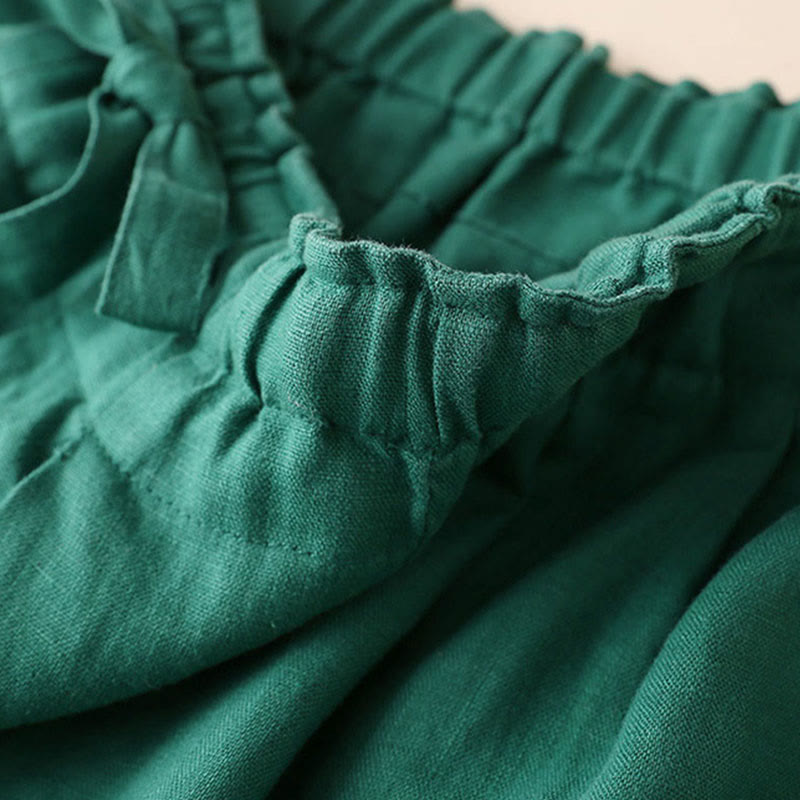 Buddha Stones Lässige, einfarbige, weit geschnittene Hose aus Baumwollleinen mit Schnürung für Damen - image 11