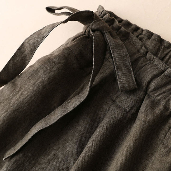 Buddha Stones Lässige, einfarbige, weit geschnittene Hose aus Baumwollleinen mit Schnürung für Damen - image 29