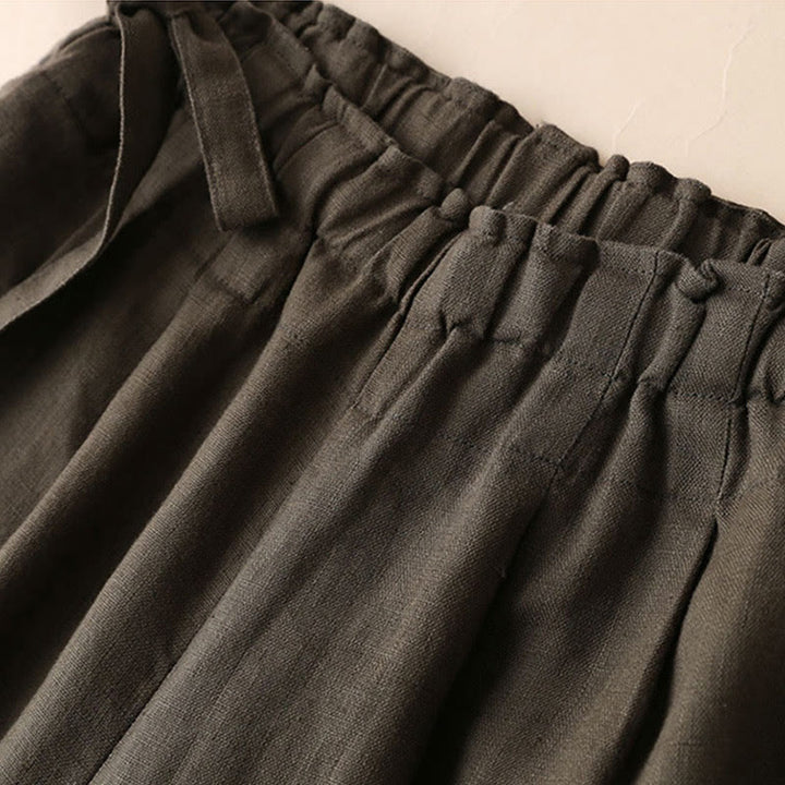 Buddha Stones Lässige, einfarbige, weit geschnittene Hose aus Baumwollleinen mit Schnürung für Damen - image 27