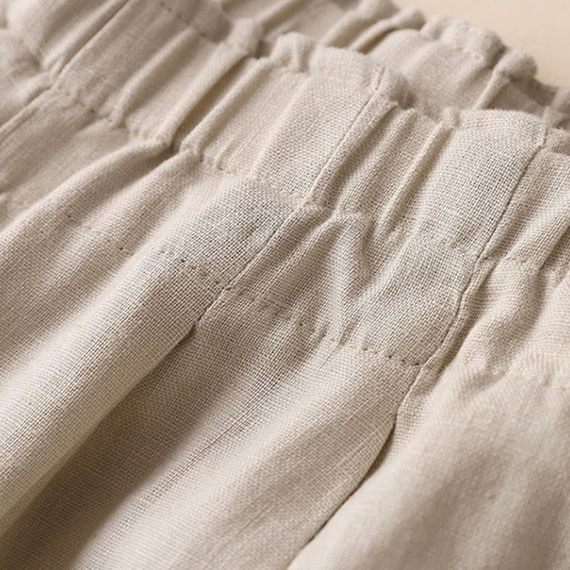 Buddha Stones Lässige, einfarbige, weit geschnittene Hose aus Baumwollleinen mit Schnürung für Damen - image 24