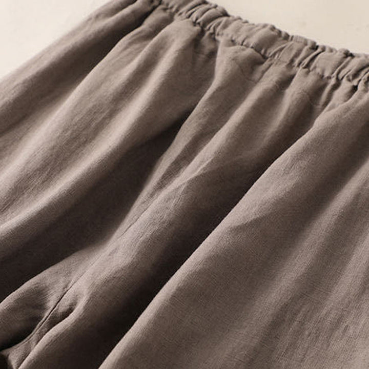 Buddha Stones Lässige, einfarbige, weit geschnittene Hose aus Baumwollleinen mit Schnürung für Damen - image 1