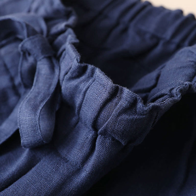 Buddha Stones Lässige, einfarbige, weit geschnittene Hose aus Baumwollleinen mit Schnürung für Damen - image 6