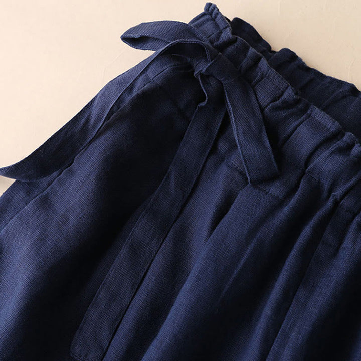 Buddha Stones Lässige, einfarbige, weit geschnittene Hose aus Baumwollleinen mit Schnürung für Damen - image 7